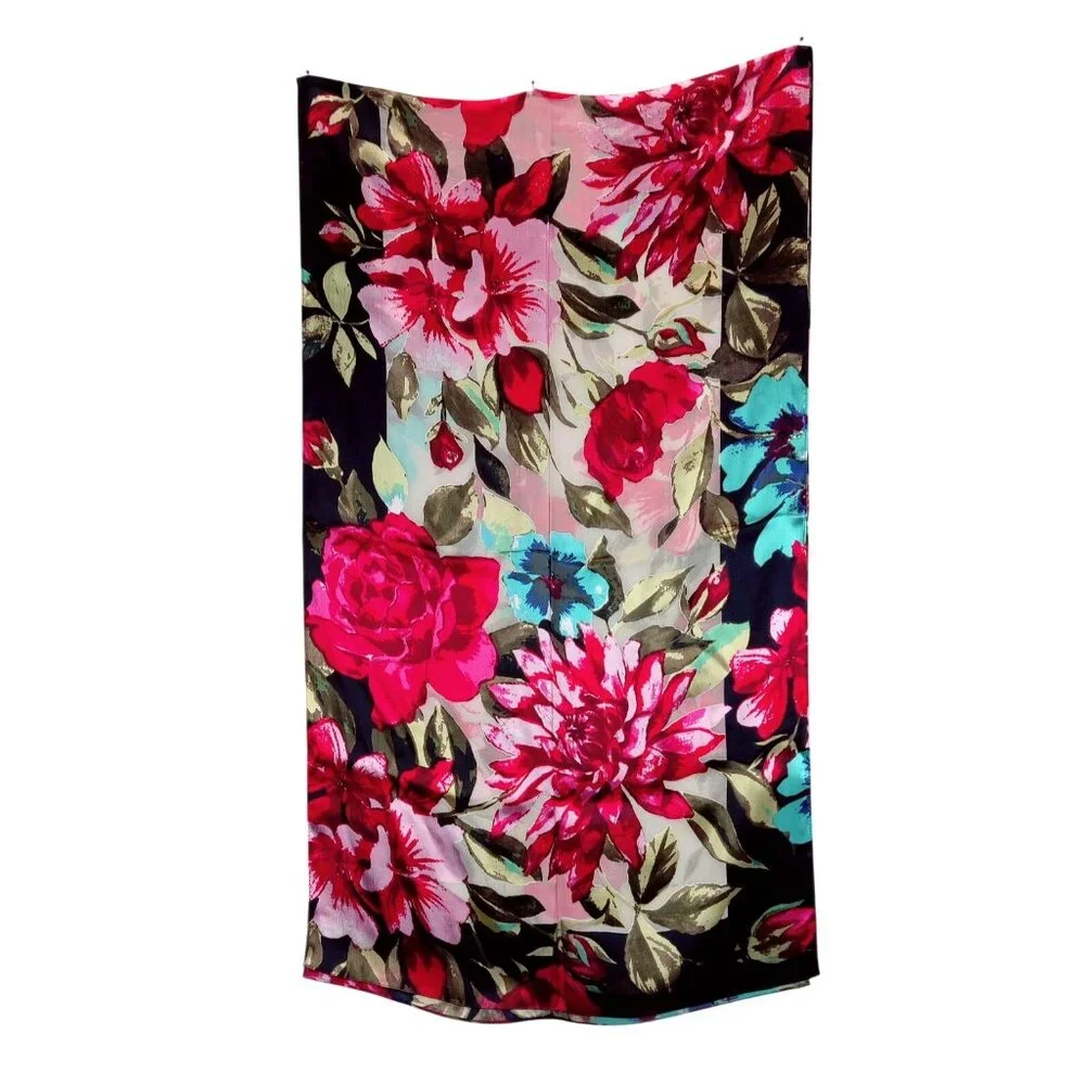 Scarf Floral Pink Blue XIIX SilkLike 72"x20" Rectangle Roses Dahlia Heads Garden - Picture 8 of 10